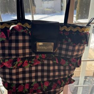 Betsey Johnson Black and White Plaid Tote with Red Floral Accents